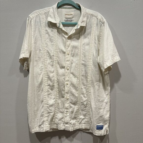 Scotch & Soda Button Up Top Linen Collared Short Sleeve Shirt White Men sz Large - Picture 1 of 7